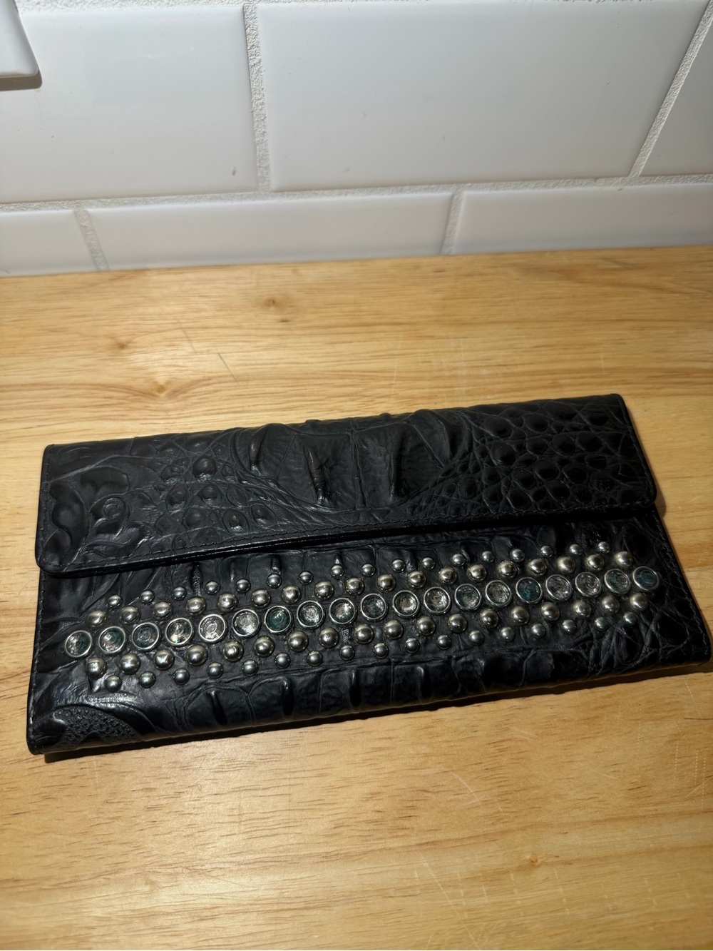 Raviani black leather wallet. Croco w/ crystals - Picture 3 of 9